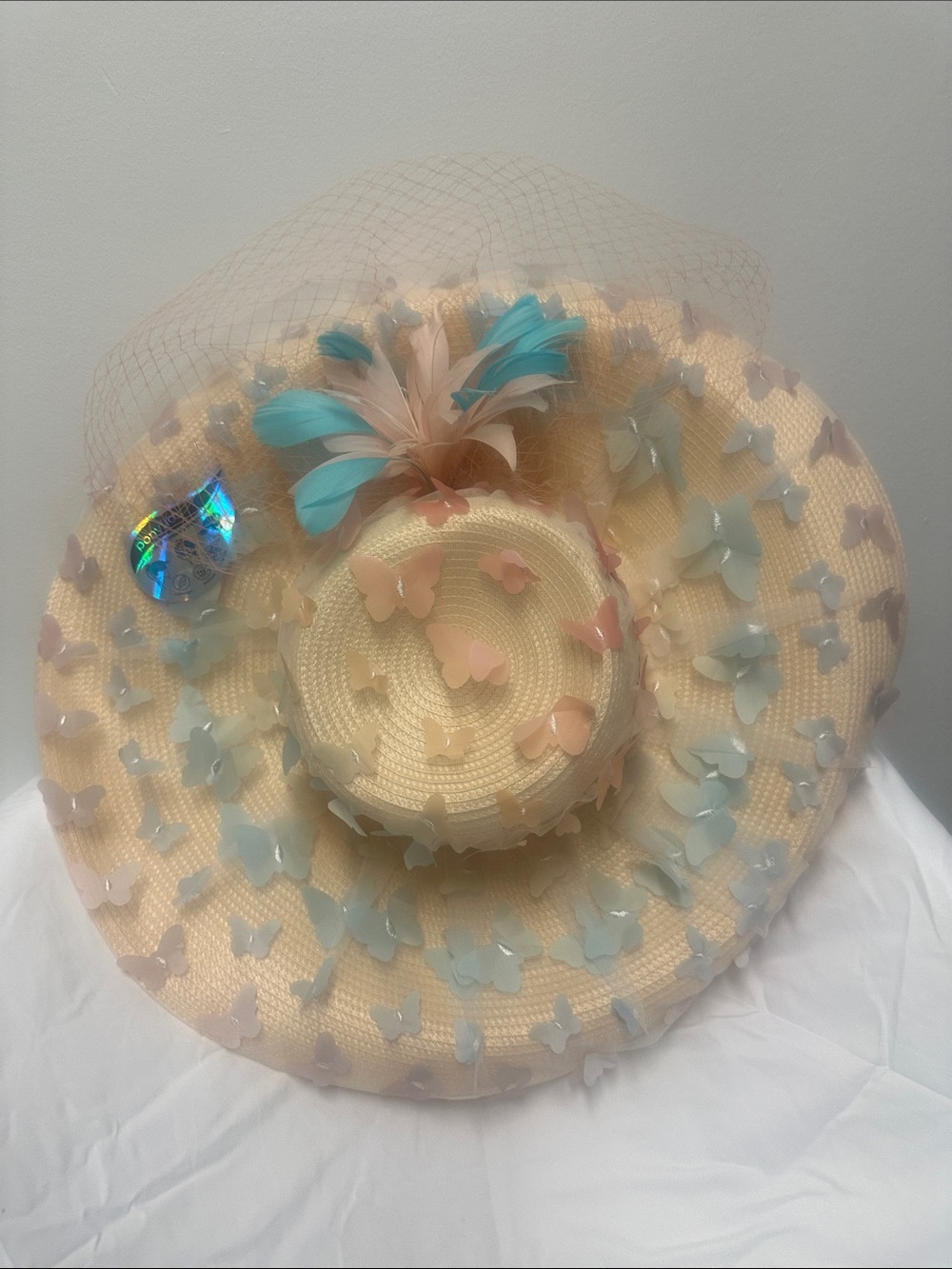 Wide-Brim Straw Hat with Pastel Blue and Blush Butterfly Accents